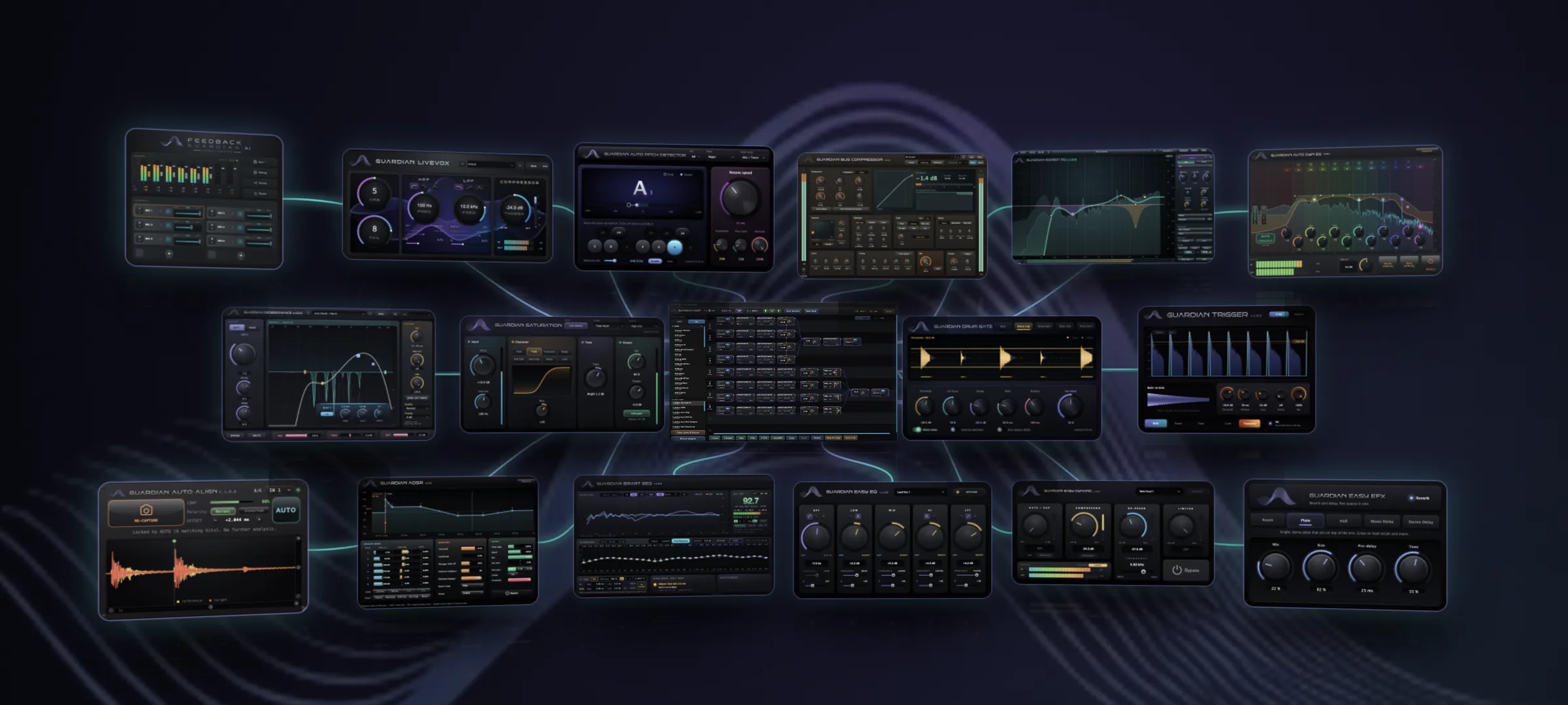 Plug-in Guardian ทั้งหมดเรียงรวมกัน มีแสงเรืองรอบขอบของแต่ละตัว
